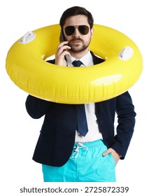 Office worker with inflatable ring talking on smartphone against white background