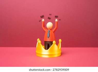 Office worker inside a large crown. An arrogant boss, reveling in power and impunity. Corporate hierarchy, abuse of authority and toxic workplace leadership.