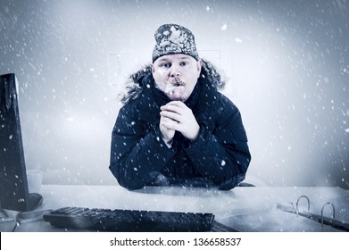 Office Worker With Mustache In Cold Snow. Frosty