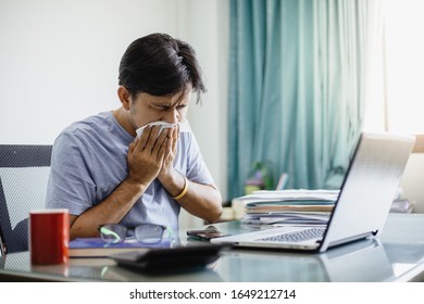 Office Worker Sick, Young Asian Office Worker Blow His Nose In Paper Tissues