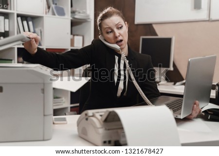 Office worker stressed. Overworked concept. Angry furious businesswoman.