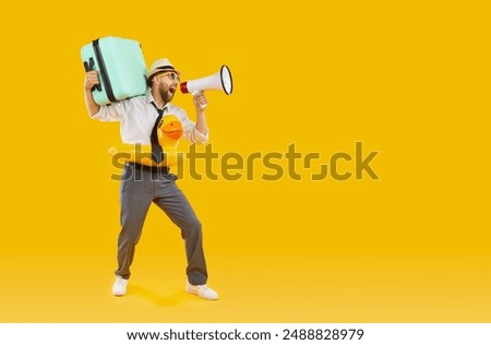Office worker with a suitcase and inflatable ring, announces summer vacation plans using a megaphone. On orange background, this image captures the excitement of a professional embracing holiday.