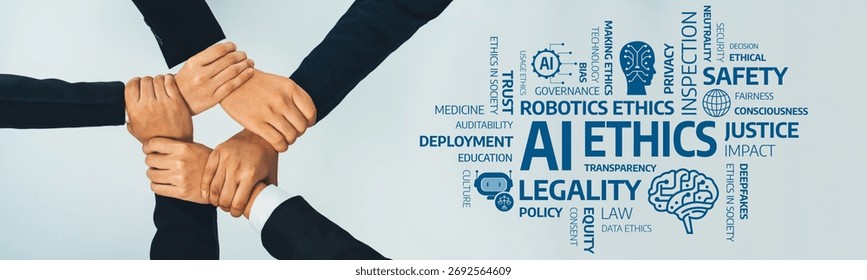 Office worker team stacking hand together symbolize successful group of business partnership and strong collective unity teamwork in community workplace in panoramic banner. Shrewd Amity