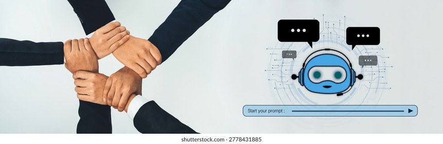 Office worker team stacking hand together symbolize successful group of business partnership and strong collective unity teamwork in community workplace in panoramic banner. Shrewd Trope