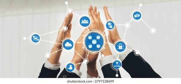 Office worker team stacking hand together symbolize successful group of business partnership and strong collective unity teamwork in community workplace in panoramic banner. Shrewd Amity