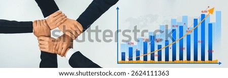 Office worker team stacking hand together symbolize successful group of business partnership and strong collective unity teamwork in community workplace in panoramic banner. Shrewd Amity