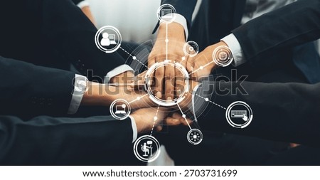 Office worker team stacking hand together symbolize successful group of business partnership and strong collective unity teamwork in community workplace in panoramic banner. Shrewd Amity