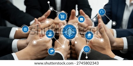 Office worker team stacking hand together symbolize successful group of business partnership and strong collective unity teamwork in community workplace in panoramic banner. Shrewd Amity