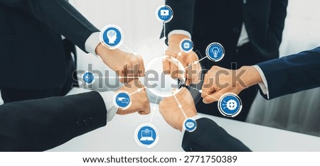 Office worker team stacking hand together symbolize successful group of business partnership and strong collective unity teamwork in community workplace in panoramic banner. Shrewd Amity