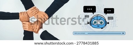 Office worker team stacking hand together symbolize successful group of business partnership and strong collective unity teamwork in community workplace in panoramic banner. Shrewd Trope