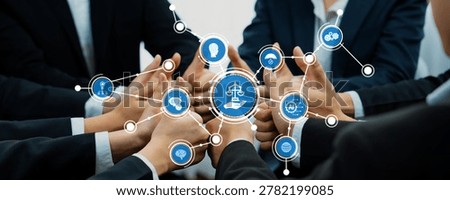 Office worker team stacking hand together symbolize successful group of business partnership and strong collective unity teamwork in community workplace in panoramic banner. Shrewd Amity