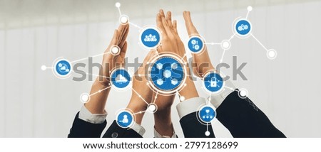Office worker team stacking hand together symbolize successful group of business partnership and strong collective unity teamwork in community workplace in panoramic banner. Shrewd Amity
