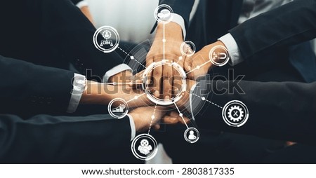 Office worker team stacking hand together symbolize successful group of business partnership and strong collective unity teamwork in community workplace in panoramic banner. Shrewd Amity