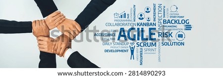 Office worker team stacking hand together symbolize successful group of business partnership and strong collective unity teamwork in community workplace in panoramic banner. Shrewd Amity