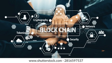 Office worker team stacking hand together symbolize successful group of business partnership and strong collective unity teamwork in community workplace in panoramic banner. Shrewd Amity