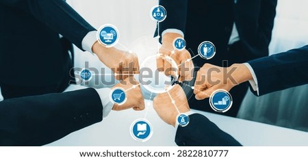 Office worker team stacking hand together symbolize successful group of business partnership and strong collective unity teamwork in community workplace in panoramic banner. Shrewd Amity