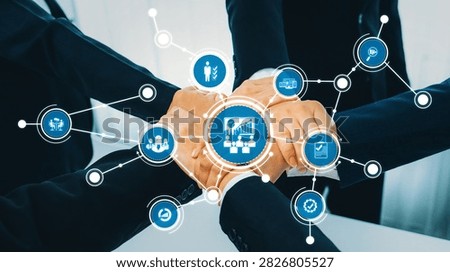 Office worker team stacking hand together symbolize successful group of business partnership and strong collective unity teamwork in community workplace in panoramic banner. Shrewd Amity