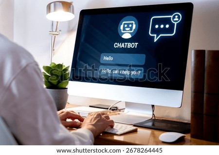 Office worker typing on a computer keyboard interacting with a chatbot on a computer screen, providing automated customer support using future technology