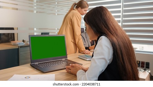 Office Workers Engaged In A Project One Watching A Green Screen Laptop. Woman Boss Having Online Conference With Top Team.