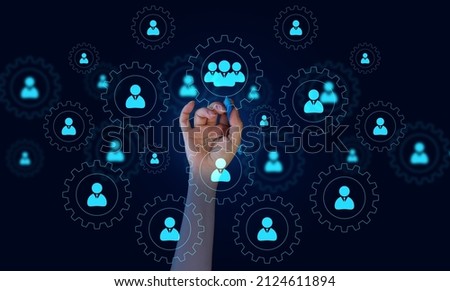 office workers icons in round gears and female hand. Concept of hierarchy in the company, corporate ethics of employees. Recruitment of personnel