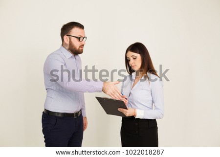 Office workers, a man and woman head