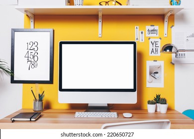 Office Workplace With Computer./ Modern Creative Workspace On Yellow Wall. 