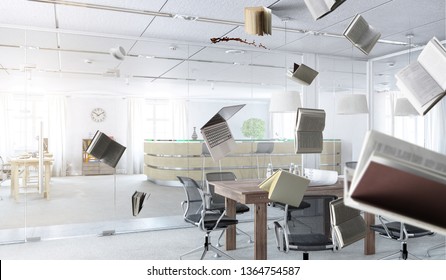 Office Workplace With Flying Objects