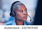 Officer, black woman and call center agent for law or legal service for emergency call and employee in an office. Worker, thinking and security worker talking online or internet for communication