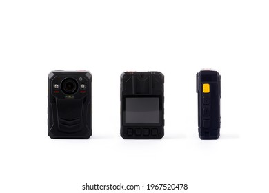 Officer Body Cam. Personal Wearable Video Recorder, Portable DVR, Camera Isolated On White Background. Closeup, Front View, Back View, Side View.