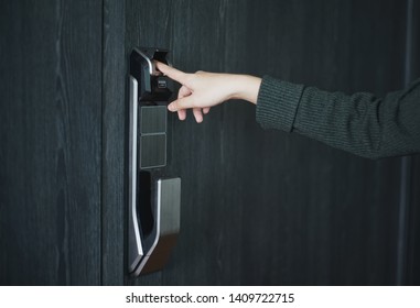 Officer Woman Scan Finger Print On Finger Scan Machine For Office Door Opener .selective Focus                              