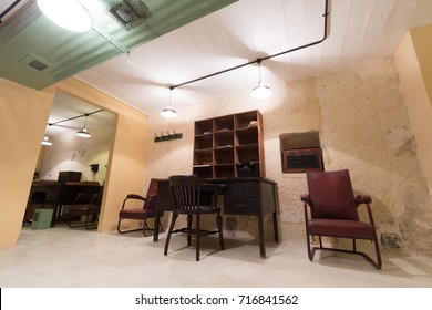 Officers Room Off The Main Map Room, Interior Headquarters Lascaris War Rooms, Valletta, Malta, June 2017