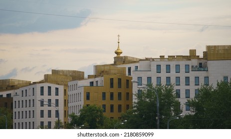 Offices Building Exterior In Summer Day In The City Moscow. Futuristic Business Concept. High Angle View