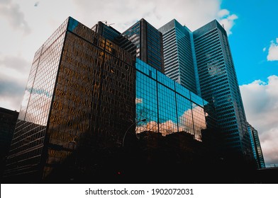 Offices in downtown skyscrapers of Montreal, sunset light in December, Montreal, December 2015