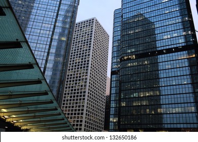 Offices And Glass Buildings In The City Of Life, Low Angle View In Hong Kong Central Financial Zone 