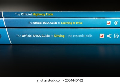 The Official Highway Code, Official DVSA Guide to Learning to Drive and DVSA Guide to Driving books. Stafford, United Kingdom - August 30 2021.