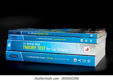 The Official Highway Code, Official DVSA Theory Test, Official DVSA Guide to Learning to Drive and DVSA Guide to Driving books. Stafford, United Kingdom - August 30 2021.