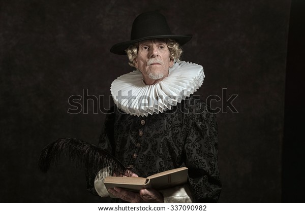 Official portrait of\
historical governor from the golden age. Writing in book. Studio\
shot against dark\
wall.