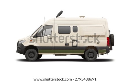 Off-Road 4x4 Camper Van Side Profile, Modern Adventure Sprinter Motorhome Hymer Grand Canyon S, Isolated on White Background, Overland Travel Concept