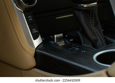Offroad drive controller closeup view. Wheel drive selection. Four-Wheel Drive transmission selection system. 