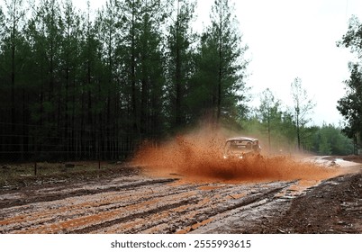 Offroad in the forest with UTV in the rain