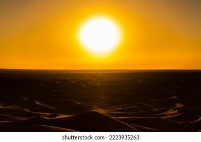 Offroad Safari In Sand Desert, Empty Quarter Desert In United Arab Emirates. Offroaders On Dunes In Rub’ Al Khali During Sunset.