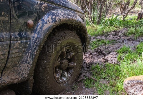 Off-road vehicle stuck in the mud. Dirty offroad\
car in swamp. Adventure travel concept. 4x4 SUV got bogged.\
Journey, tourism\
concept.
