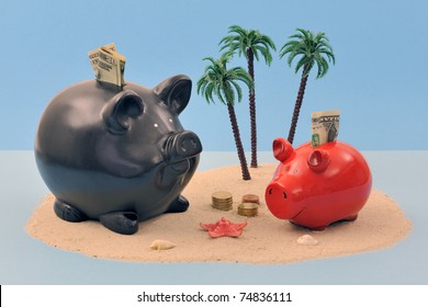 Offshore Banking Concept With Piggy Bank, Coins And Banknotes On Sand Island And Palm Trees