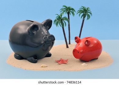 Offshore Banking Concept With Piggy Bank On Sand Island And Palm Trees