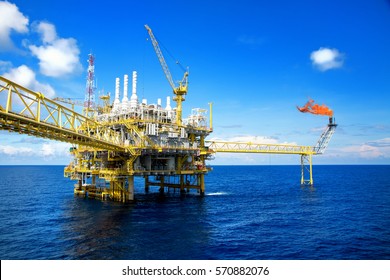 Offshore construction platform for production oil and gas. Oil and gas industry and hard work. Production platform and operation process by manual and auto function from control room.