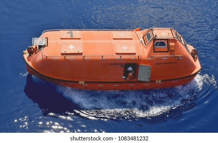 Offshore oil and gas platform test drive lifeboat. To ready at all times.