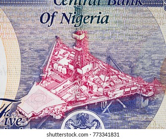 Offshore Oil Platform On Nigeria 500 Naira (2016) Banknote Closeup Macro, Nigerian Money Close Up.