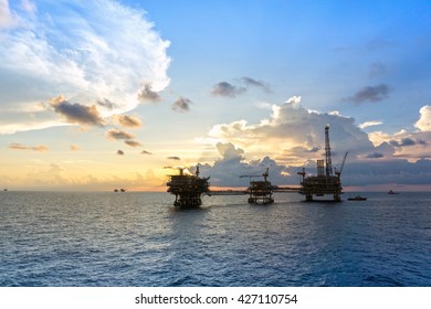 Offshore oil rig or platform during sunset at oilfield in east Malaysia