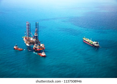 Offshore Oil Rig Platform In The Gulf From Aerial View.