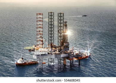 Offshore Oil Rig Platform In The Gulf From Aerial View ,vintage Tone.